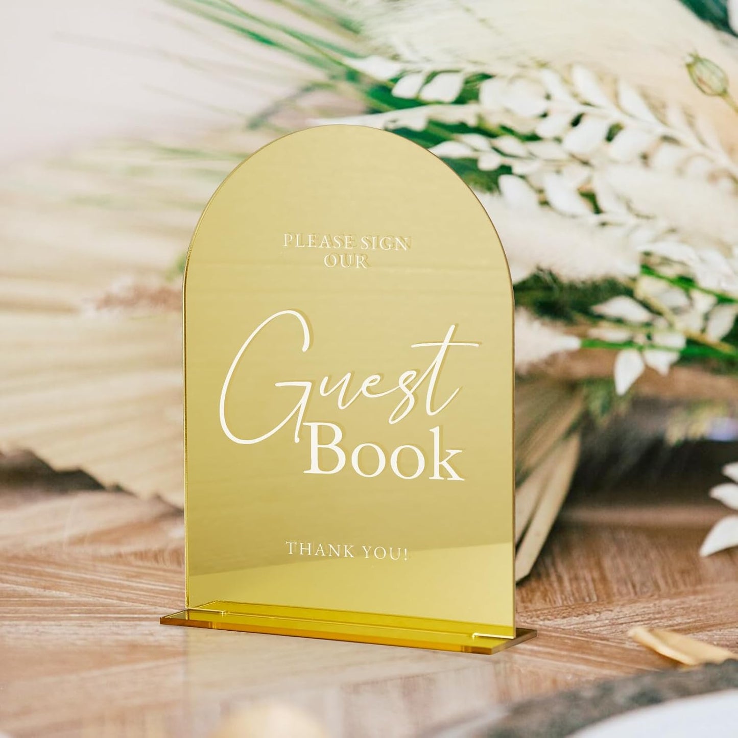 Acrylic Wedding Sign with Stand- 5"x7" Gold Mirror Arched Guest Book Signs and Base,1/8" Thick | Modern Calligraphy White Lettering Gold Arch Acrylic Table Sign for Wedding Reception & Party