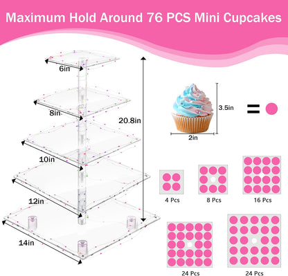 YestBuy Cupcake Stand with Yellow Led Lights, 4 Tier Cupcake Stand for 50 Cupcakes, Acrylic Cupcake Tower Stand, Clear Tiered Cupcake Holder for Birthday Cady Bar Décor Weddings, Parties Events