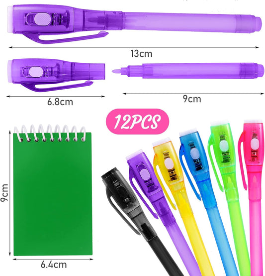 12 PCS Invisible Ink Pen and Mini Notebook,Spy Pen with UV Light for Kids,Disappearing Ink Pens for Writing Secret Message,Magic Marker for Birthday Party Favors,Halloween,Christmas