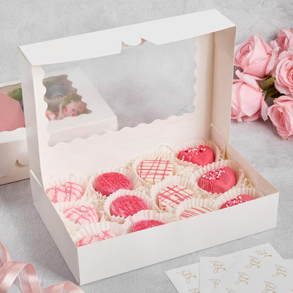 ZORRITA 30 Pack Auto Pop-up Cookie Boxes with Window, 12" x 8" x 2.5" White Bakery Boxes Treat Boxes for Chocolate Covered Strawberries, Breakable Heart, Sugar Cookies, Cake Pops, Donuts, Pastries