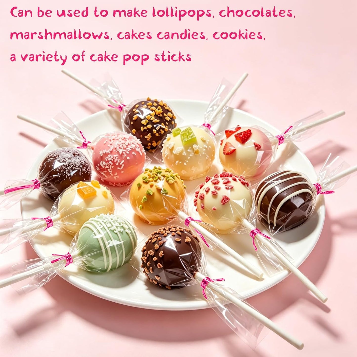 Basquei Cake Pop Sticks 6 Inches, Cake Pop Bags (3.9"X4.7"), Pink Metallic Twist Ties, 300 Pcs Cake Pop Kit Used for, Lollipops Cake, Candies, Chocolates Making Tools