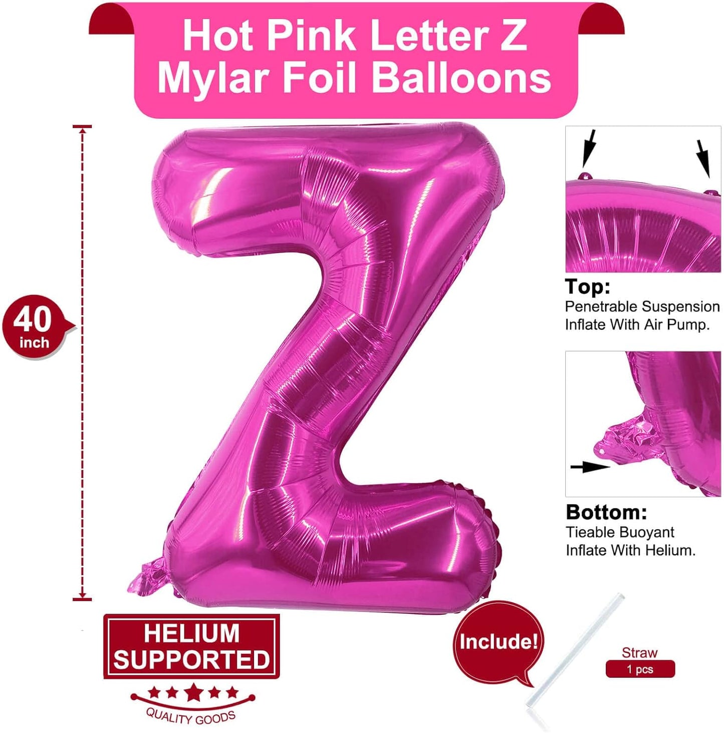 Lovoir 40 Inch Large Hot Pink Letter A Balloons Big Size Jumbo Mylar Foil Helium Balloon for Birthday Party Celebration Decorations Alphabet Hot Pink A