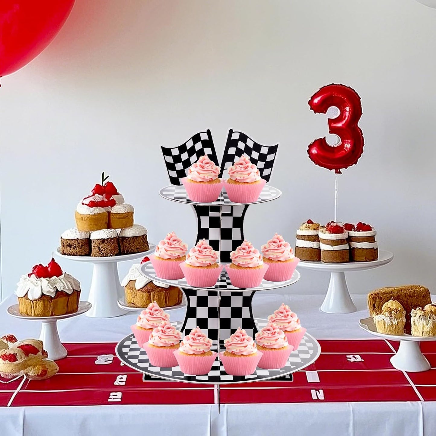 3-Tier Round Cardboard Cupcake Stand Holder, Racing Car Theme Birthday Party Decorations Supplies, Black and White Checkered Dessert Display Stand Tower