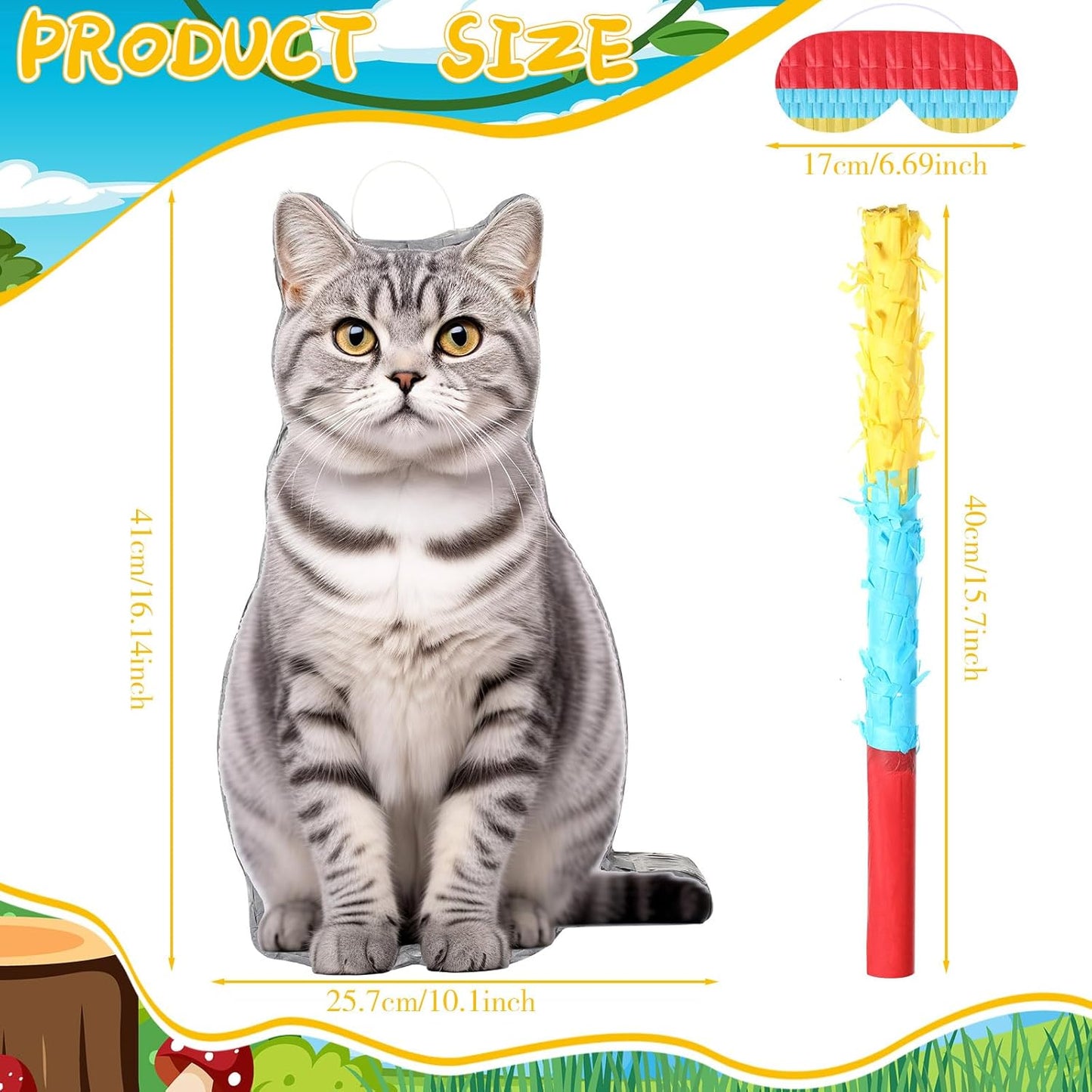 Sotiff Cat Piñata, Cat Party Piñata Game Set, Kitten Theme Piñata Pet Birthday Decoration with Bat Stick Blindfold Mask for Kitten Theme Pet Birthday Party Piñata Decoration Supplies(Orange)
