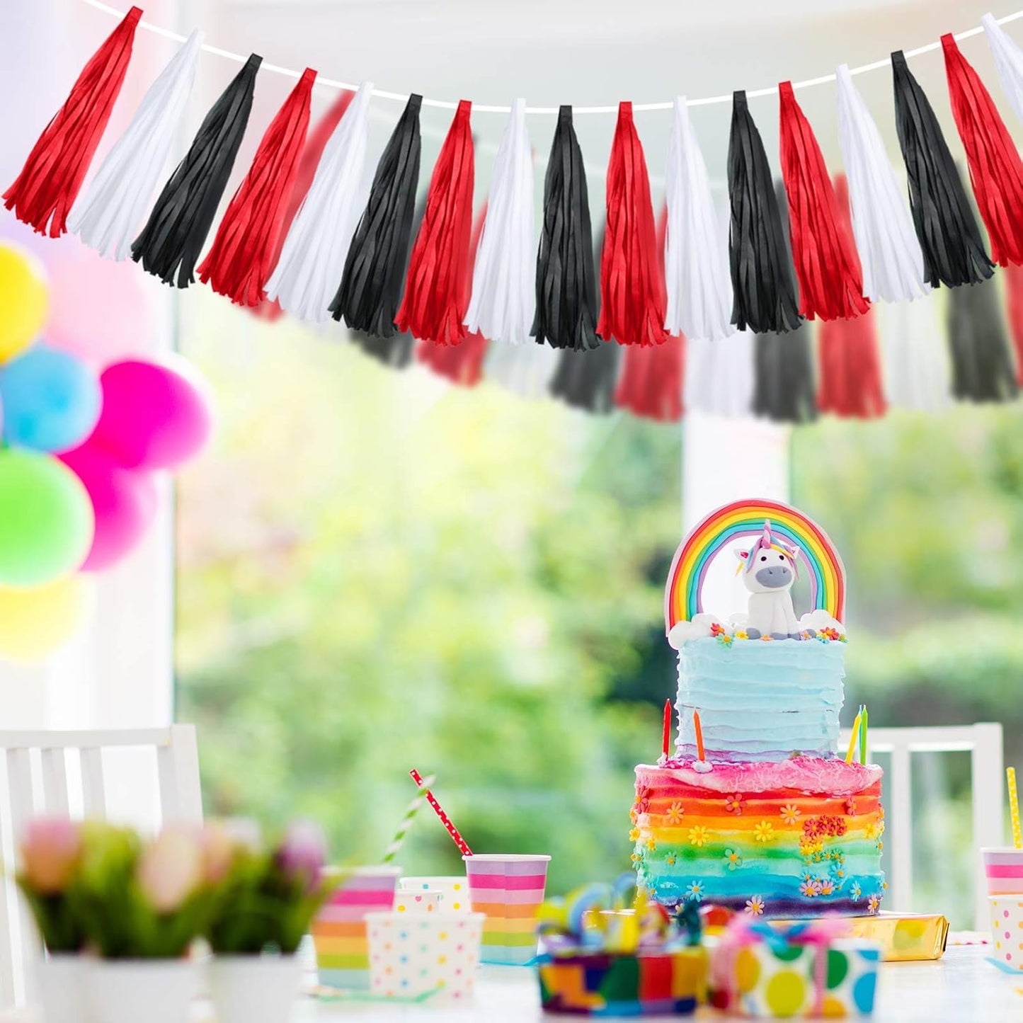 Outus 30 Pcs Red Black White Tassel Banner Garland Party Decorations Paper DIY Tissue Hanging America Decor for School Supplies Wedding Birthday Bridal Baby Shower Anniversary Independent Day