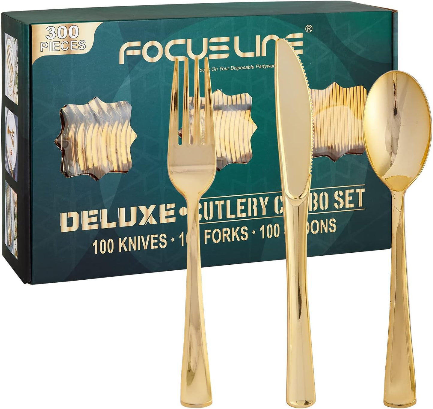 FOCUSLINE 300 Pack Silver Plastic Cutlery Set - 100 Forks, 100 Knives, 100 Spoons - Disposable Flatware Heavy Duty Plastic Silverware Set for Catering, Parties, Dinners, Weddings