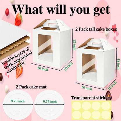 Cake Boxes - 2 Pack Tall Cake Box 12x12x14 Inch Disposable Layer Carrier with Window Large Tierd Cake Out Transport Containers with Handle for Wedding, Birthday, Party (White)