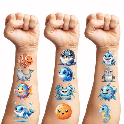 108 PCS Ocean Sea Animal Shark Whale Fish Pre-Cut Temporary Tattoos | Super Cute Themed Birthday Party Favors, Supplies, Decorations, Fake Tattoo Stickers