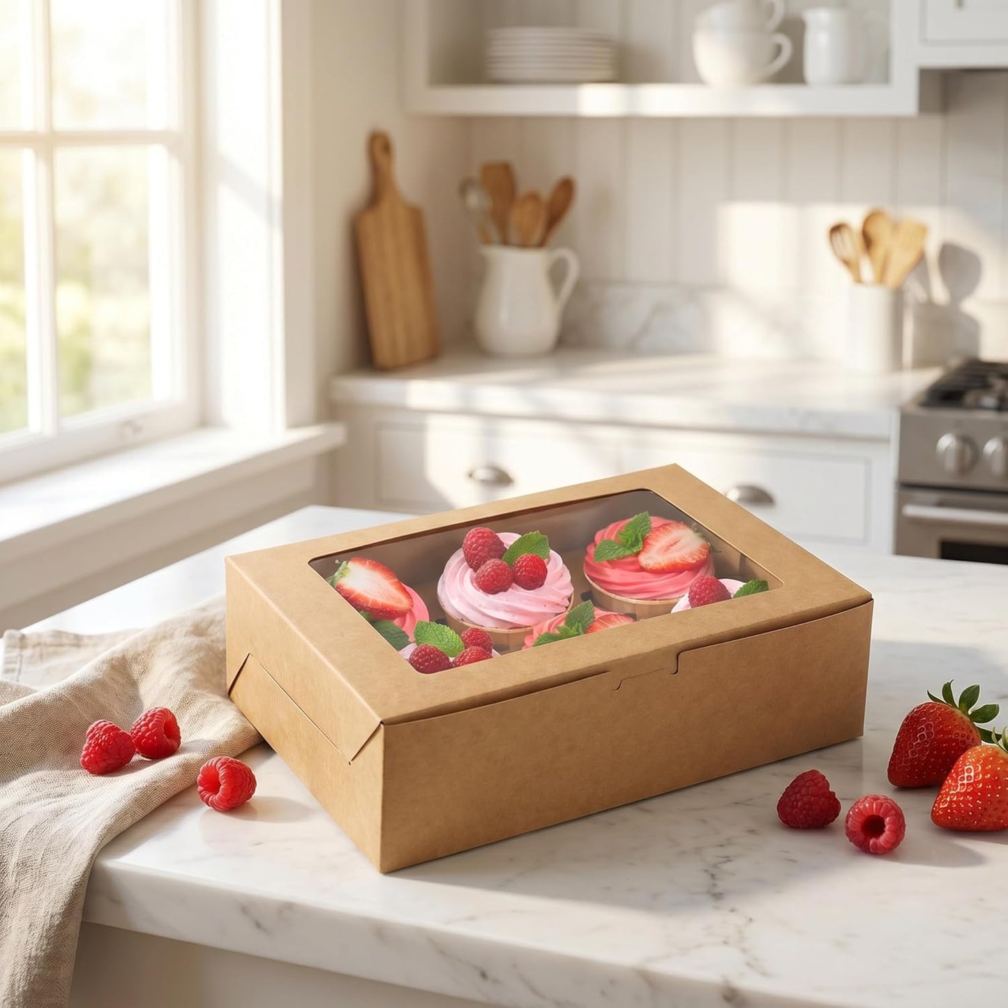 Jucoan 50 Pack Kraft Cupcake Box with Insert and Window Hold 6 Standard Cupcake, Food Grade Cupcake Carrier Container, Brown Bakery Box for Pastry, Cookies, Small Cake, Desserts Treat