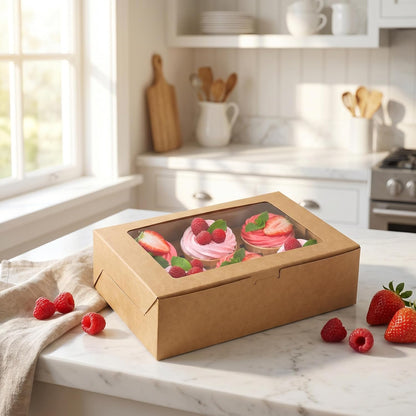 Jucoan 50 Pack Kraft Cupcake Box with Insert and Window Hold 6 Standard Cupcake, Food Grade Cupcake Carrier Container, Brown Bakery Box for Pastry, Cookies, Small Cake, Desserts Treat