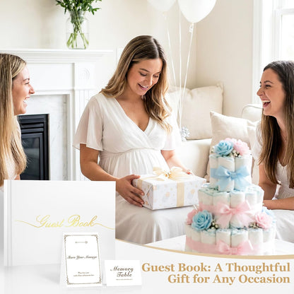 Guest Book for All Occasions – White Hardcover with Gold Foil, 120 Acid-Free Blank Pages, Includes Table Sign & Welcome Card | 8.66x6.69 Sign-in Book for Wedding, Party & Memorial