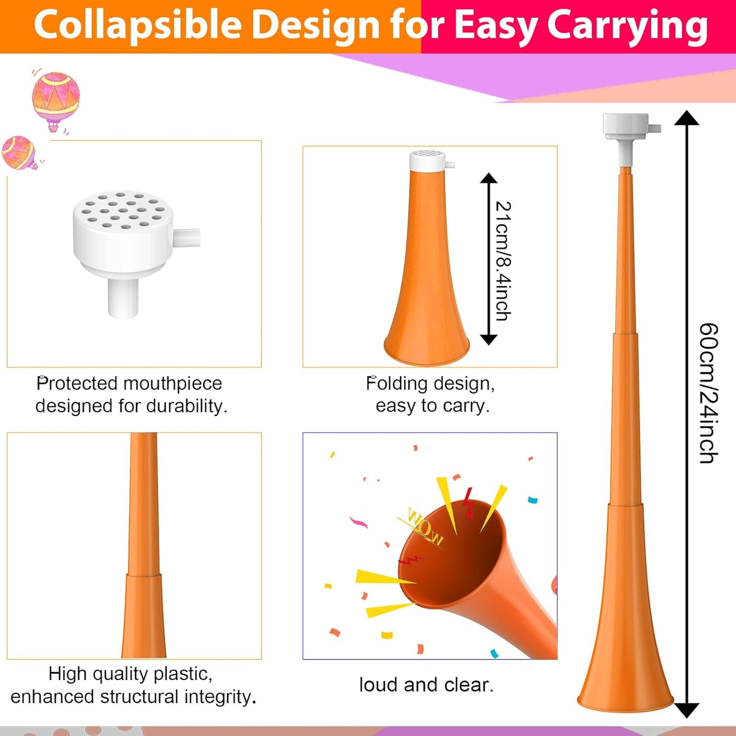 Collapsible Stadium Horn 24 Inch Vuvuzela Plastic Trumpet Blow Horns Noise makers for Sporting Events School Sports Football Games Party Supplies Favors Accessories (Black)