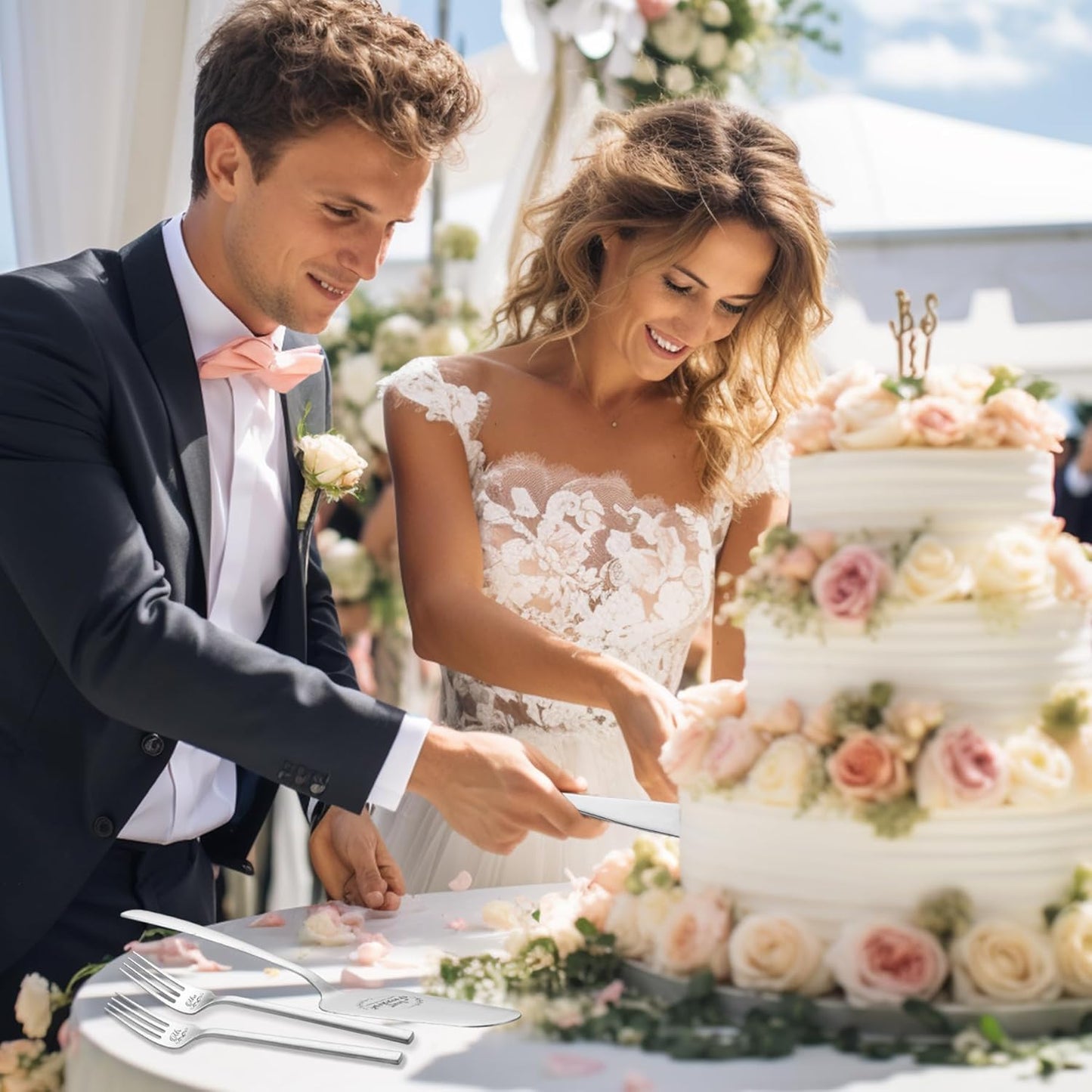 Cake Cutting Set For Wedding, Wedding Cake Knife And Server Set, Mr And Mrs Forks And Cake Cutter Set For Wedding, Bridal Shower Gifts, Engagement Gifts For Couples (Silver)