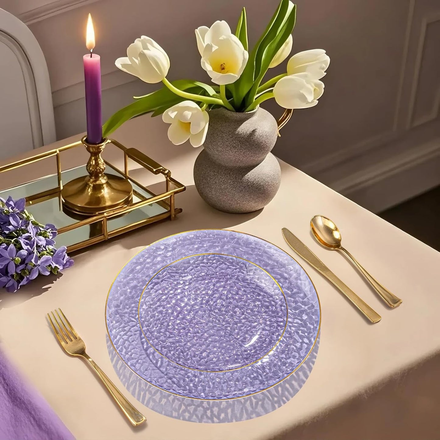 Rubtlamp 350 Pcs Clear Blue Plastic Plates, Blue Gold Plastic Dinnerware Set (50 Guests), Blue Disposable Plates With Gold Rim, Hammered Party Plates Set for Wedding And Party