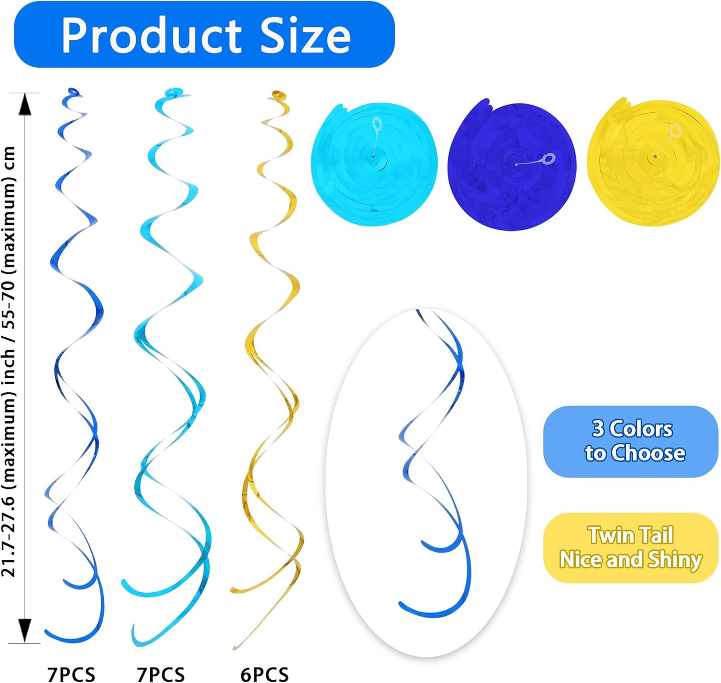BEISHIDA Blue Blue Silver Hanging Swirls Party Decorations Plastic Streamer for Ceiling, Birthday Hanging Party Supplies, Pack of 30