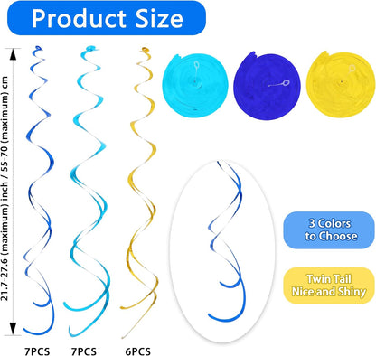 BEISHIDA Blue Blue Silver Hanging Swirls Party Decorations Plastic Streamer for Ceiling, Birthday Hanging Party Supplies, Pack of 30
