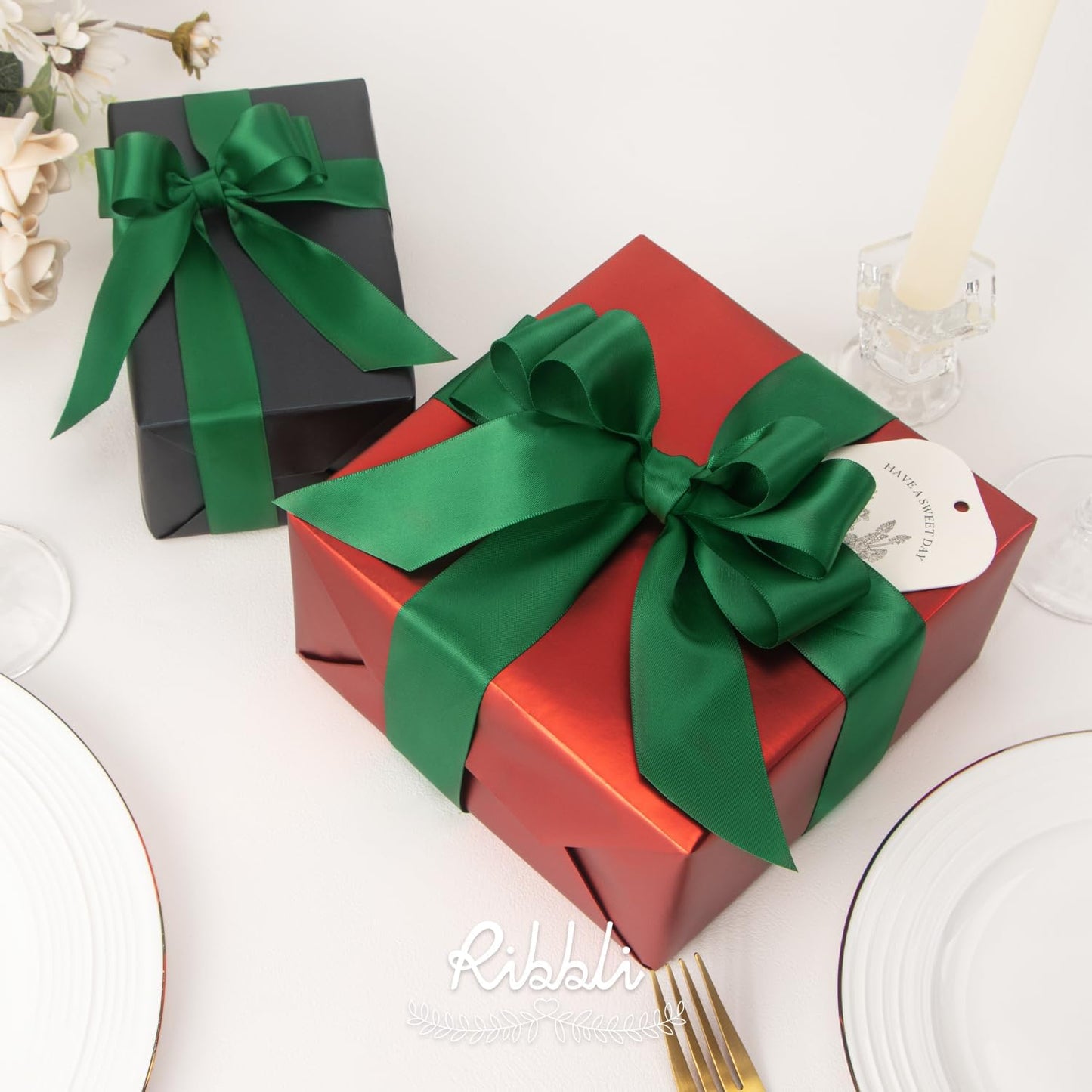 Ribbli Double Faced White Satin Ribbon,3/8” x Continuous 25 Yards,Fabric Ribbon use for Bows Bouquet,Gift Wrapping,Floral Arrangement