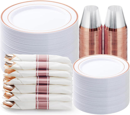 BESTVIP 350PCS Gold Plastic Dinnerware Set, Disposable Party Plates for 50 Guests, Include: 100 Plastic Plates, 50 Pre Rolled Napkins with Gold Silverware, 50 Cups