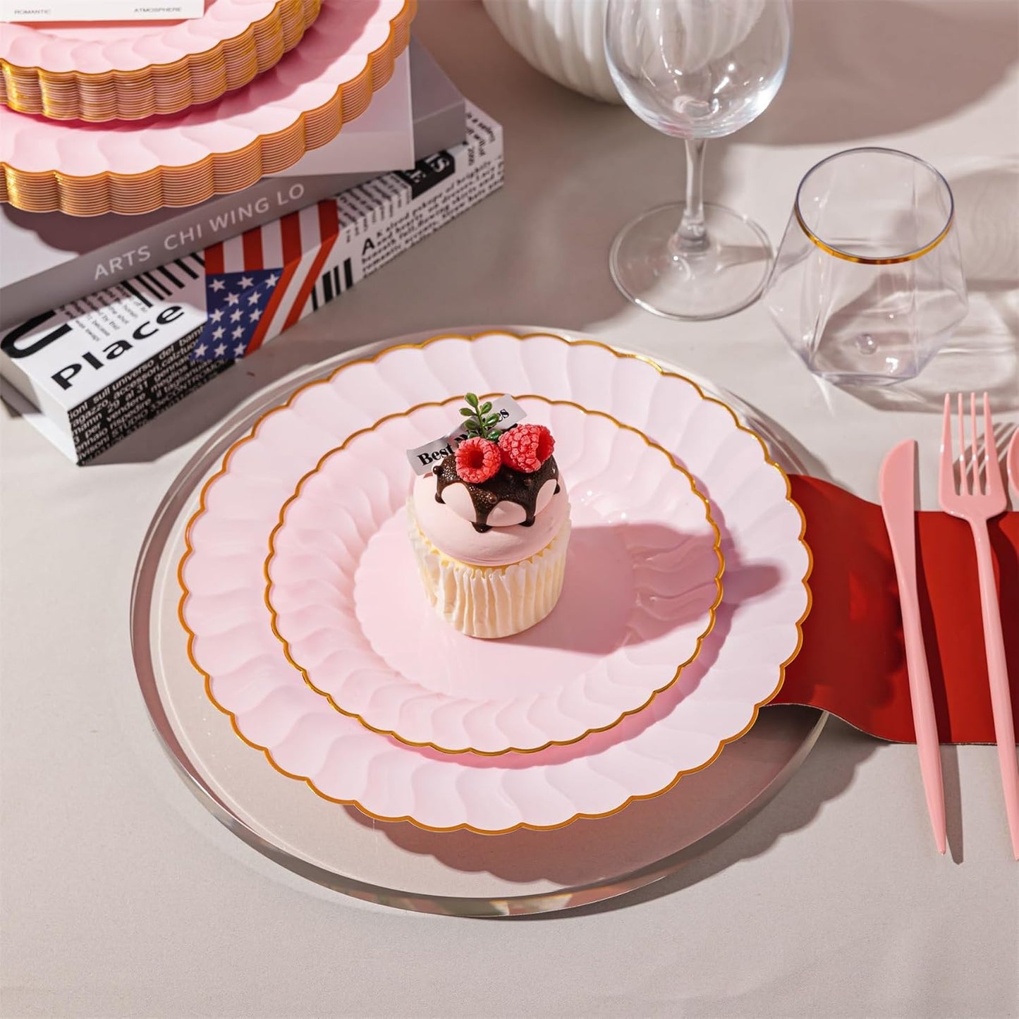 Lullaby 60PCS Ivory Scalloped Plastic Plates with Gold Rim, Disposable Elegant Plates Include 30pcs Dinner Plate 10.25", 30pcs Plastic Dessert Plate 7.5", Perfect for Wedding and Party