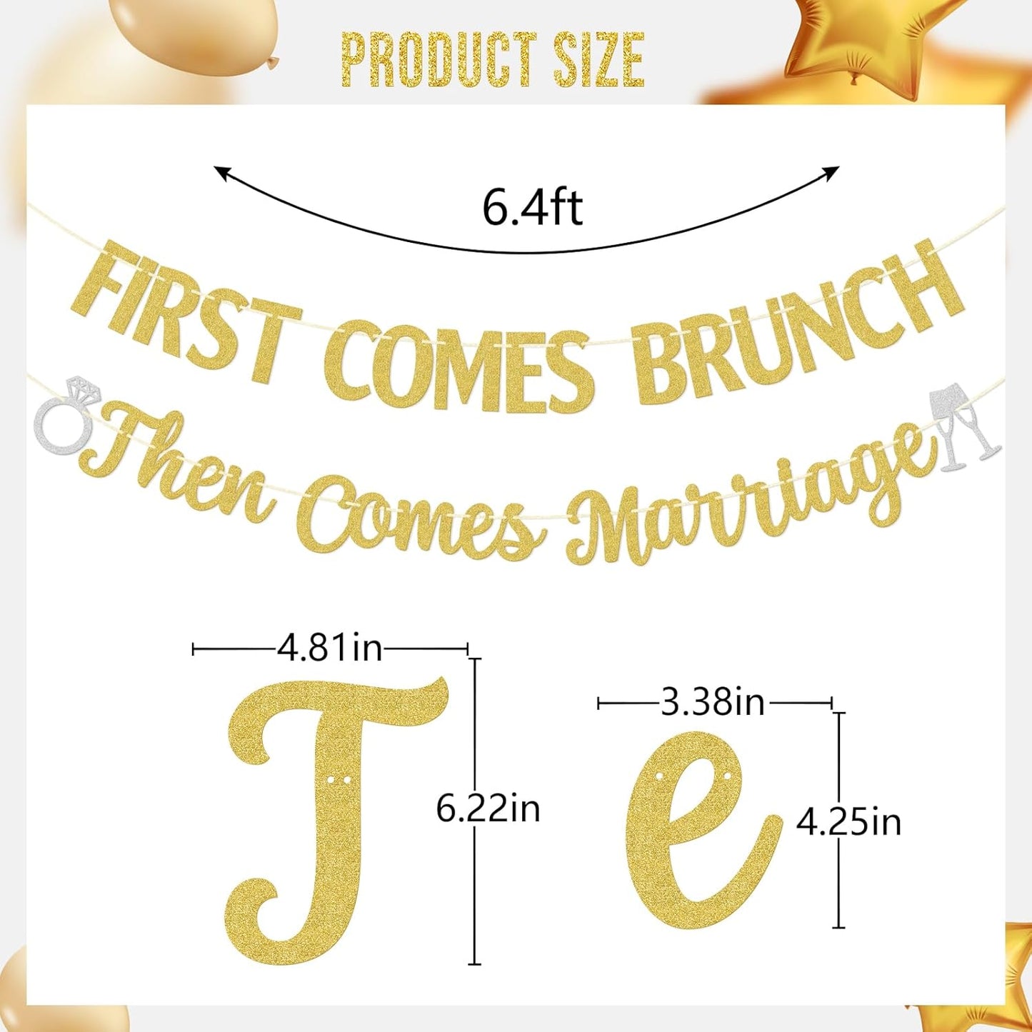 First Comes Brunch Then Comes Marriage Banner - Wedding Party Decorations - Bridal Brunch Welcome Sign Decor - Engagement Banner - Gold Glitter