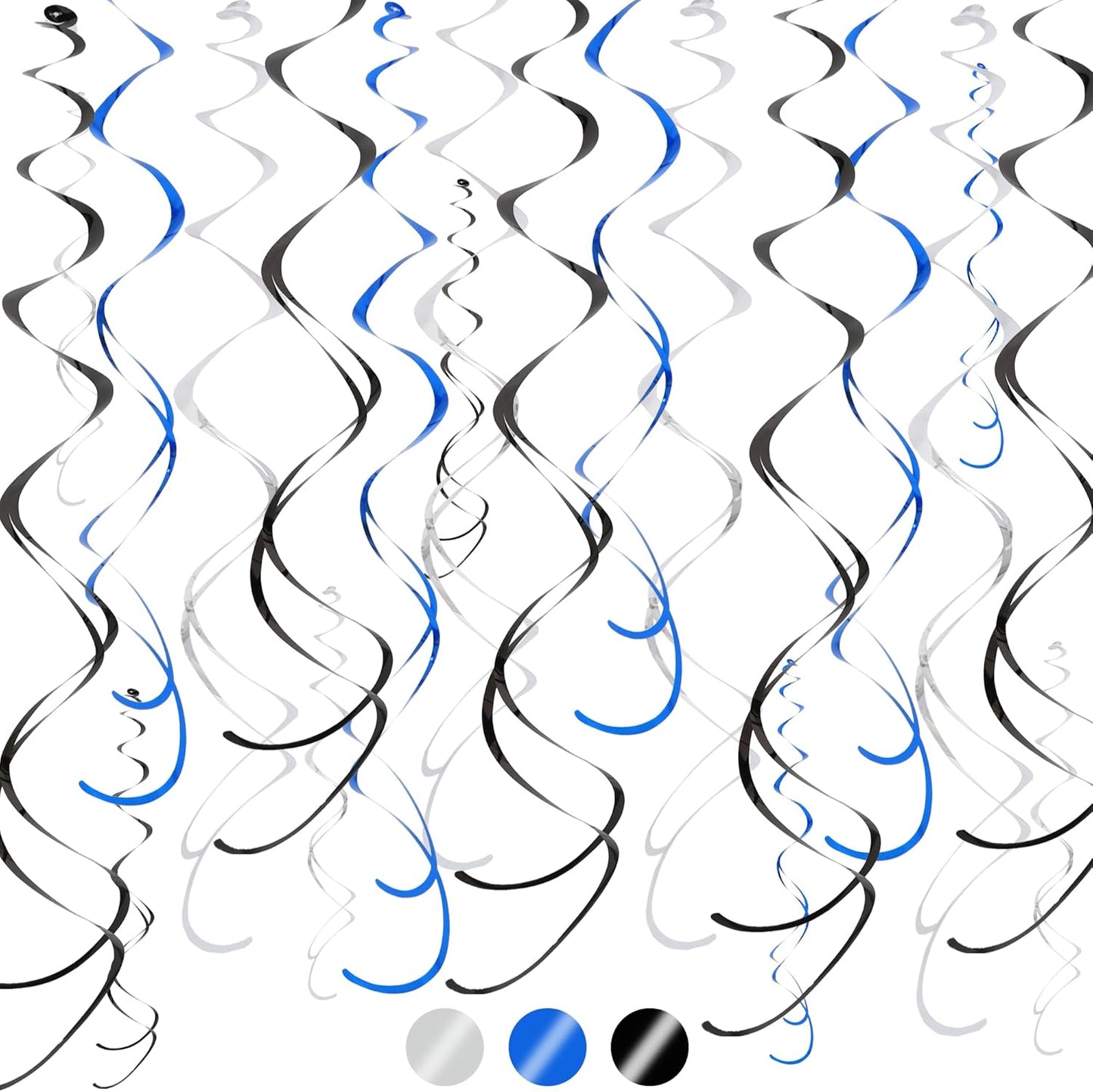 BEISHIDA Blue Blue Silver Hanging Swirls Party Decorations Plastic Streamer for Ceiling, Birthday Hanging Party Supplies, Pack of 30
