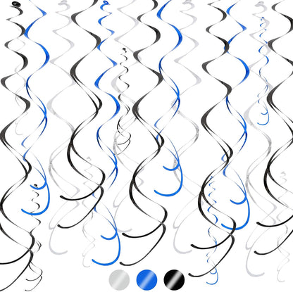 BEISHIDA Blue Blue Silver Hanging Swirls Party Decorations Plastic Streamer for Ceiling, Birthday Hanging Party Supplies, Pack of 30