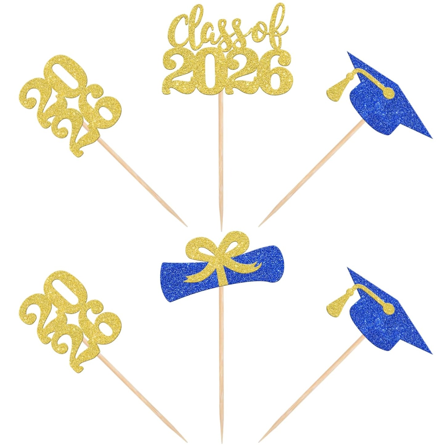 36 PCS 2026 Graduation Theme Cupcake Toppers Glitter Class of 2026 Grad Cap Diploma Cupcake Picks 2026 Graduation Theme Party Cake Decorations Supplies Deep Blue