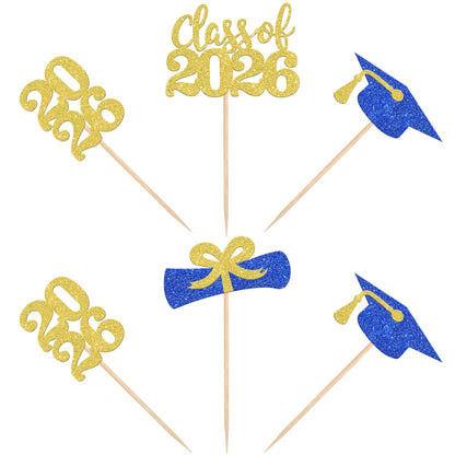 36 PCS 2026 Graduation Theme Cupcake Toppers Glitter Class of 2026 Grad Cap Diploma Cupcake Picks 2026 Graduation Theme Party Cake Decorations Supplies Deep Blue