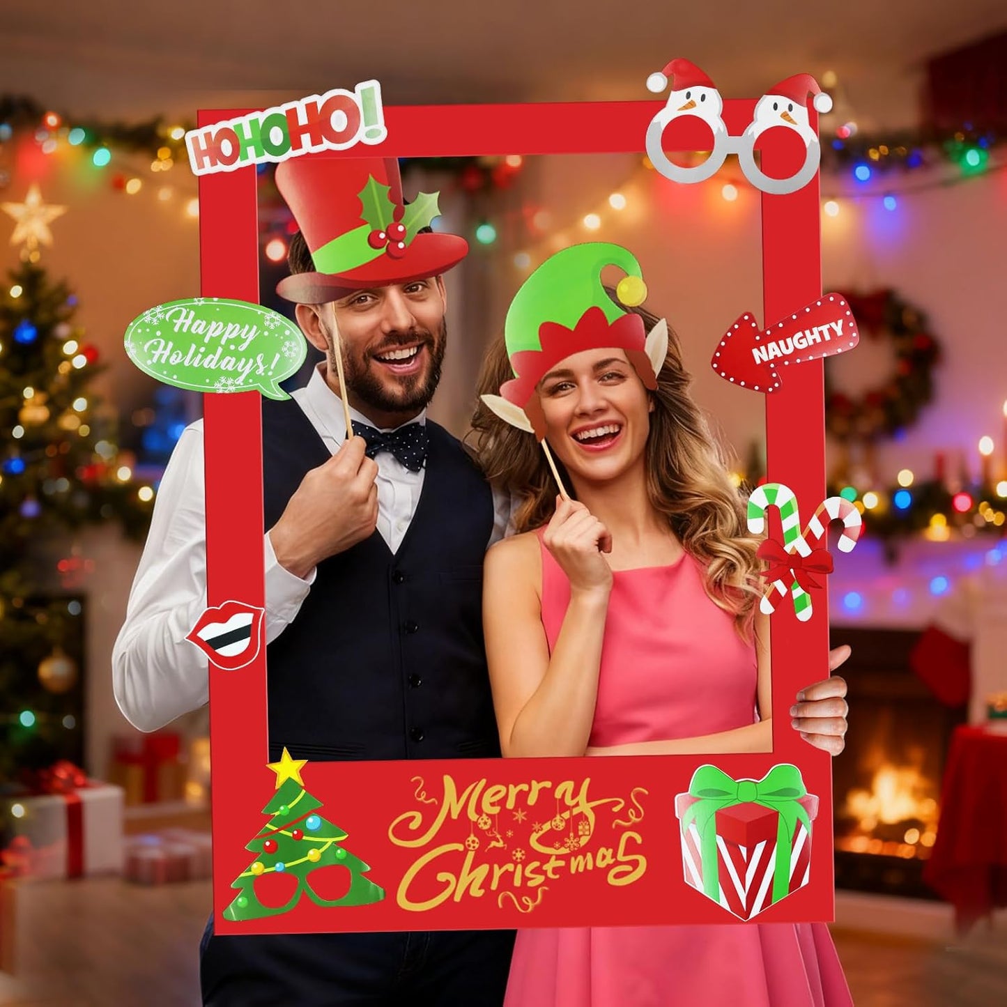32Pcs Movie Night Photo Booth Props with 23X31Inch Plastic Picture Frame Selfie Props DIY Pictures Frame with Cutouts Stickers for Birthday Party Supplies
