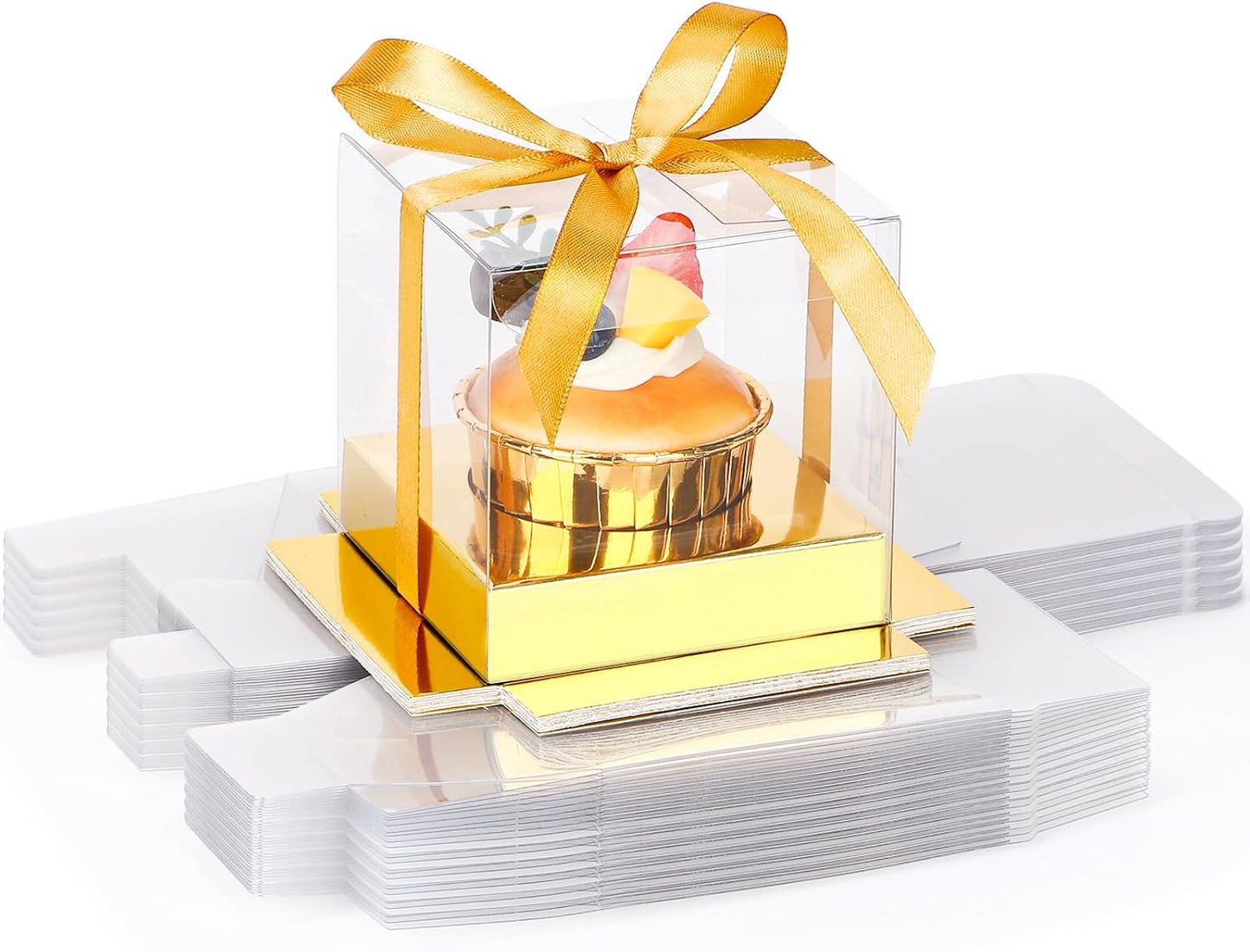 EUSOAR Individual Cupcake Holder, 50pcs 3.5 Inch Plastic Black Cupcake Containers with Lids, Single Transparent Display Clear Cupcake Carrier with Ribbon and Inserts for Wedding Party Favor