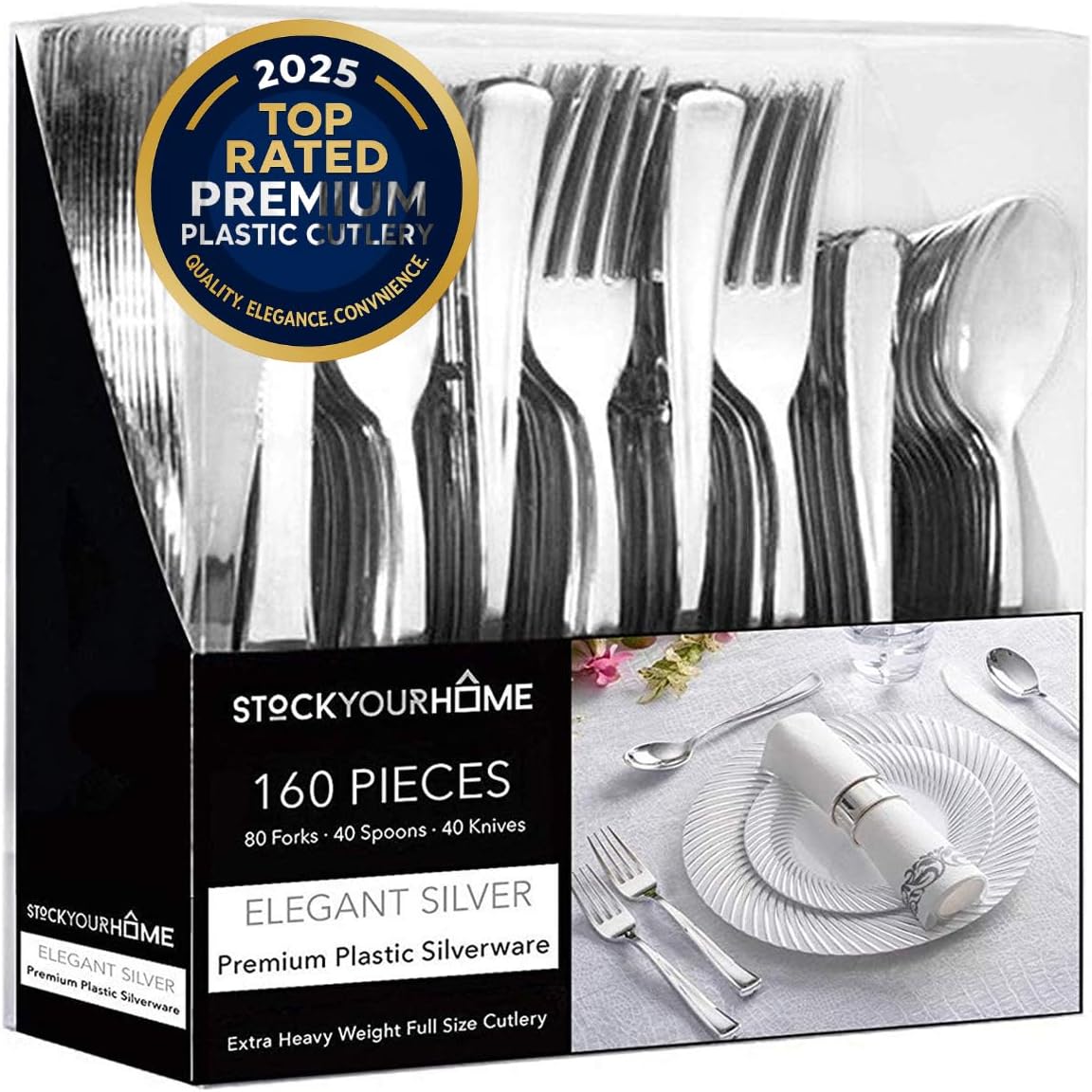 Gold Plastic Silverware Set (160 Bulk Pack) Disposable Cutlery Utensils, 80 Gold Forks, 40 Gold Knives, 40 Gold Spoons, Heavy Duty Flatware For Holidays, Parties, Dinners, Weddings, and Occasions