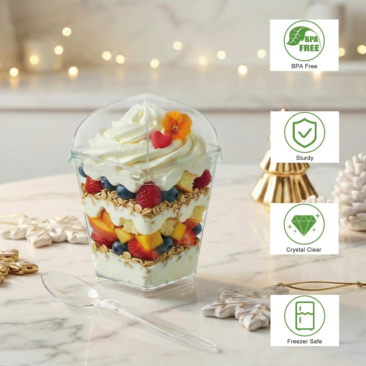 50Pack 5oz Plastic Dessert Cups with Lids and Spoons, Square Clear Parfait Appetizer Cups, Mini Reusable Shooter Serving Cups, Party Dessert Shot Glasses for Tasting