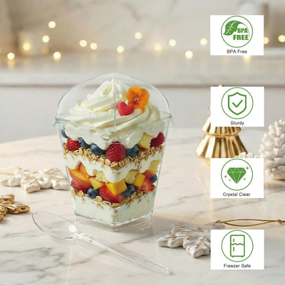 50Pack 5oz Plastic Dessert Cups with Lids and Spoons, Square Clear Parfait Appetizer Cups, Mini Reusable Shooter Serving Cups, Party Dessert Shot Glasses for Tasting