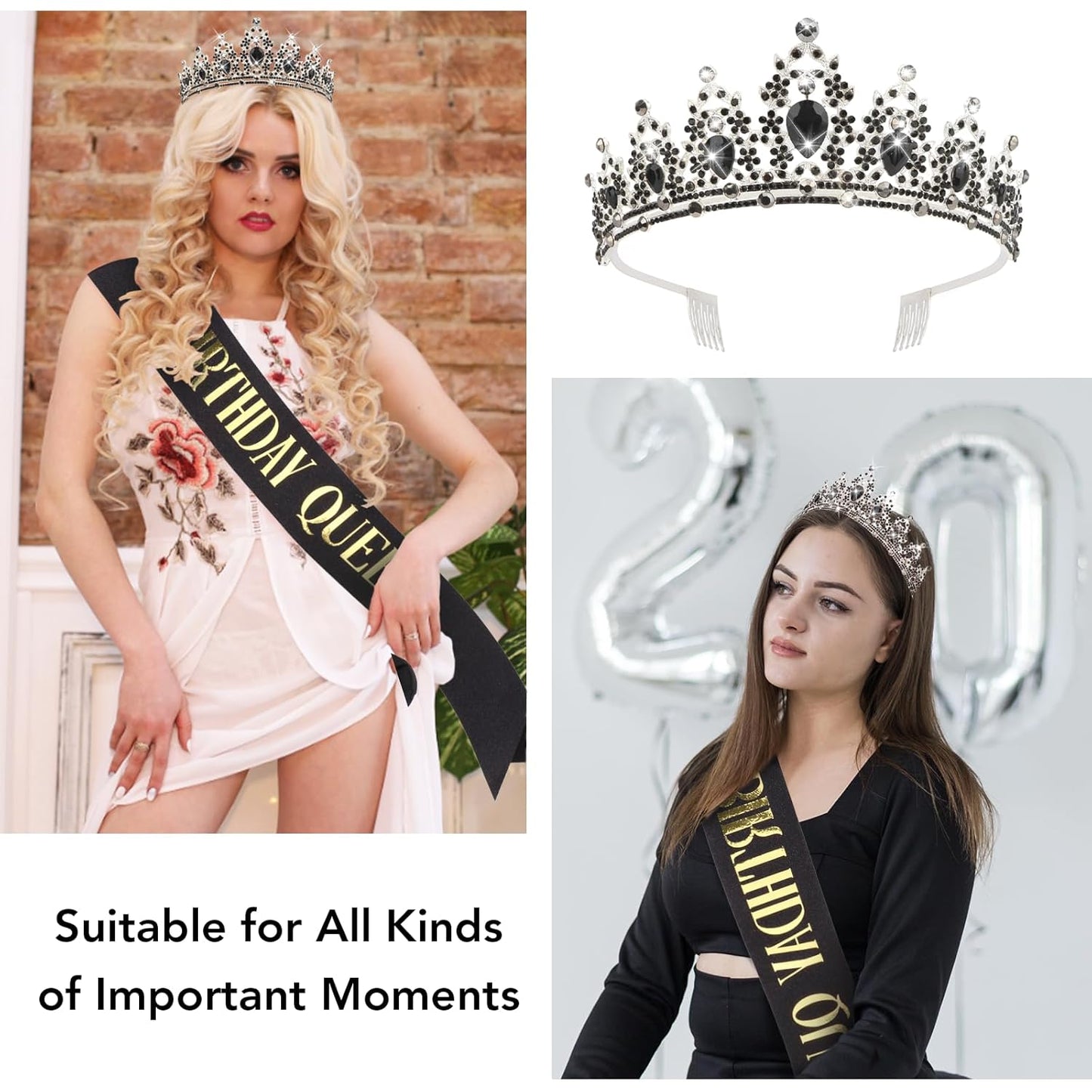 CAVETEE Red Black Birthday Crown and Sash for Women Sash & Rhinestone Tiara Set Red and Black Party Decorations Birthday Queen Crowns Tiaras for Women