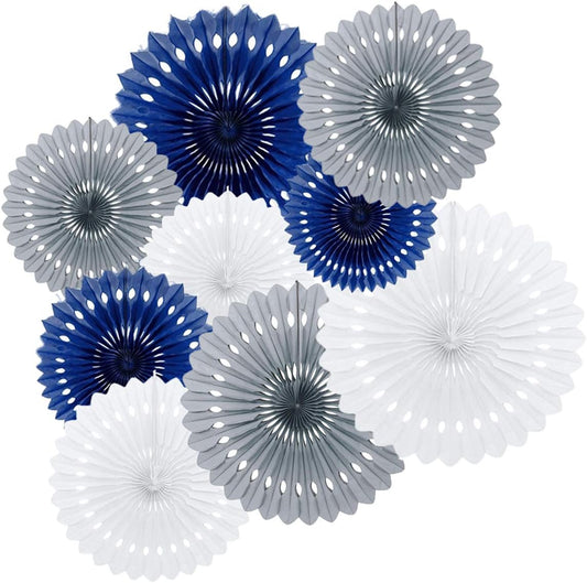 9PCS Navy Blue Gray White Tissue Paper Party Fan Pom Poms Nautical Baby Boy Shower Navy Wedding 1st Shark Birthday Bachelorette Party Backdrop Home Nursery Wall Hanging Decoration