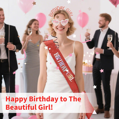 3Pcs Birthday Girl Sash Headband Set-Birthday Sash Tiara and Crown Sunglasses for Girls Women