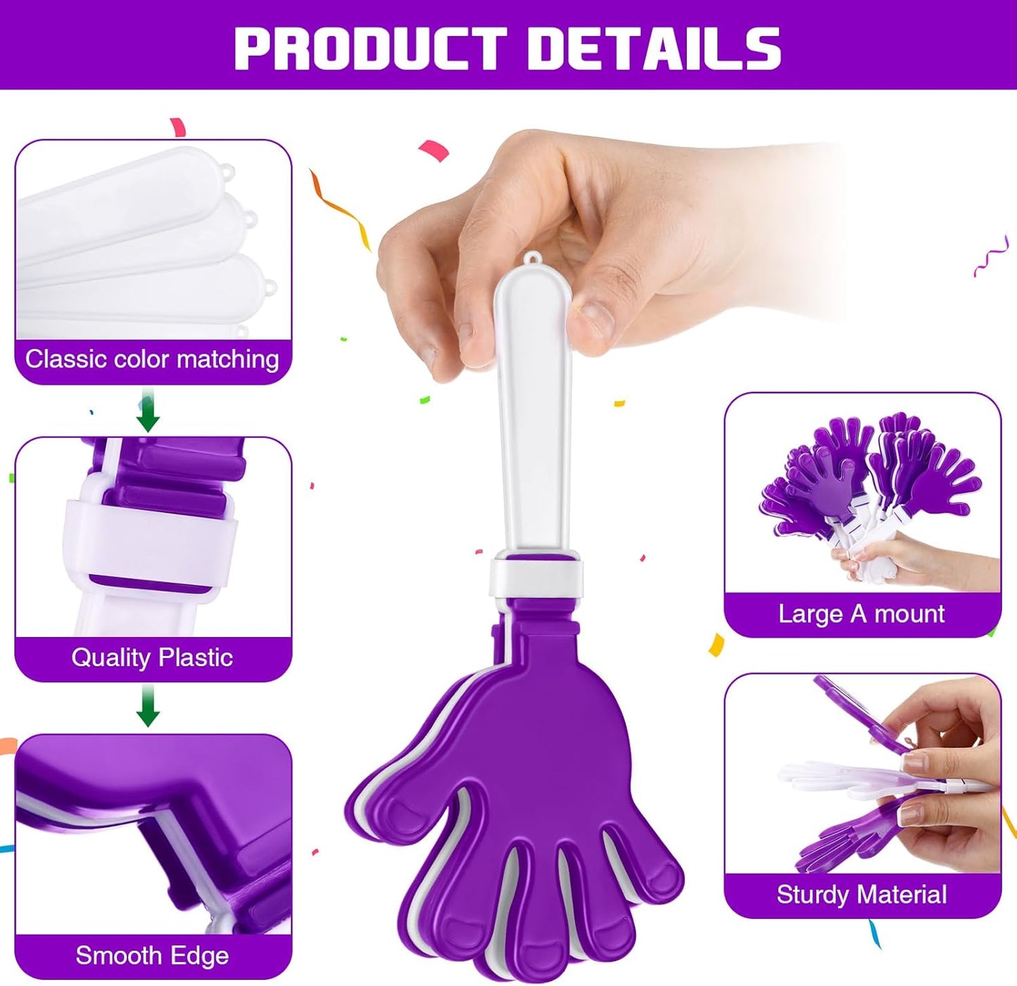 Junkin 48 Pcs Hand Clappers Bulk 7. 5 x 3. 5 Inches Noise Makers Party Favors Clapping Noise Maker Clacker for Birthdays Game Prizes Rewards Football Sporting Events Cheers Supplies (Black,White)