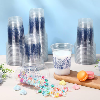 Hushee 60 Pcs Purple Floral Cups with Spring Summer Flower 16 oz Wildflowers Plastic Disposable Drinking Cups for Summer Spring Birthday Baby Shower Wedding Party Supplies