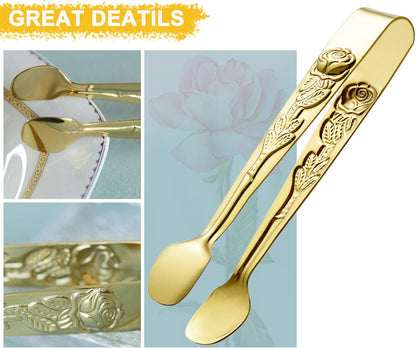 HINMAY 6PCS Mini Serving Tongs 4 Inches Small Rose Sugar Cube Tongs (Gold)
