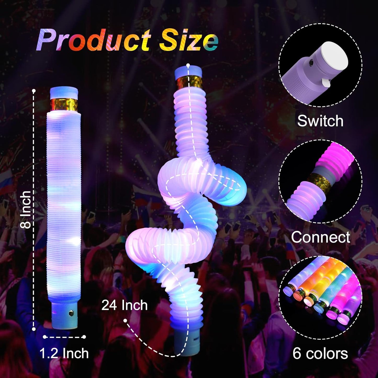 Light Up Glow Sticks Fidget Pop Tubes, 24 Pack Glow in The Dark Party Supplies Toddler Sensory Toys, Glow Stick Thanksgiving Christmas Party Favors Party Pack Gifts for Kids