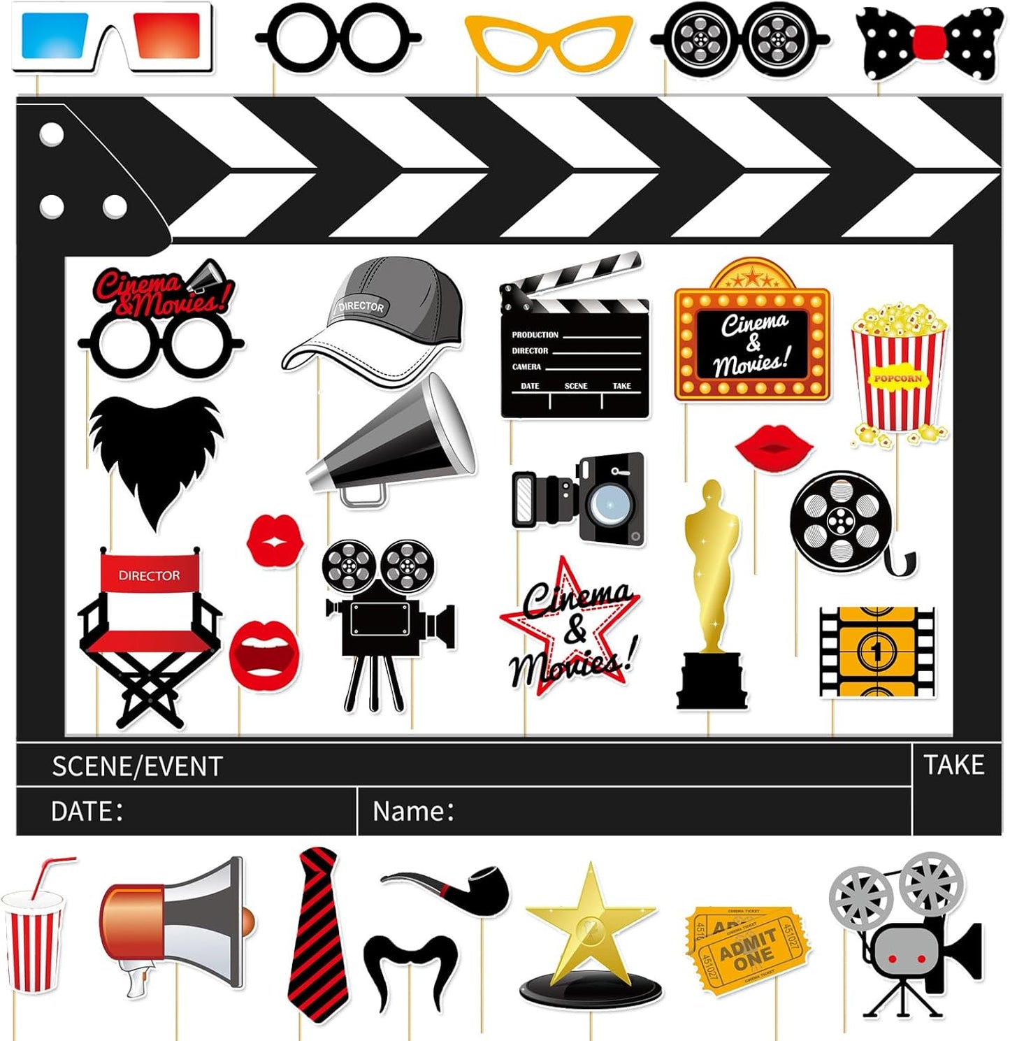 32Pcs Movie Night Photo Booth Props with 23X31Inch Plastic Picture Frame Selfie Props DIY Pictures Frame with Cutouts Stickers for Birthday Party Supplies