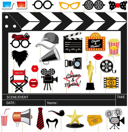 32Pcs Movie Night Photo Booth Props with 23X31Inch Plastic Picture Frame Selfie Props DIY Pictures Frame with Cutouts Stickers for Birthday Party Supplies