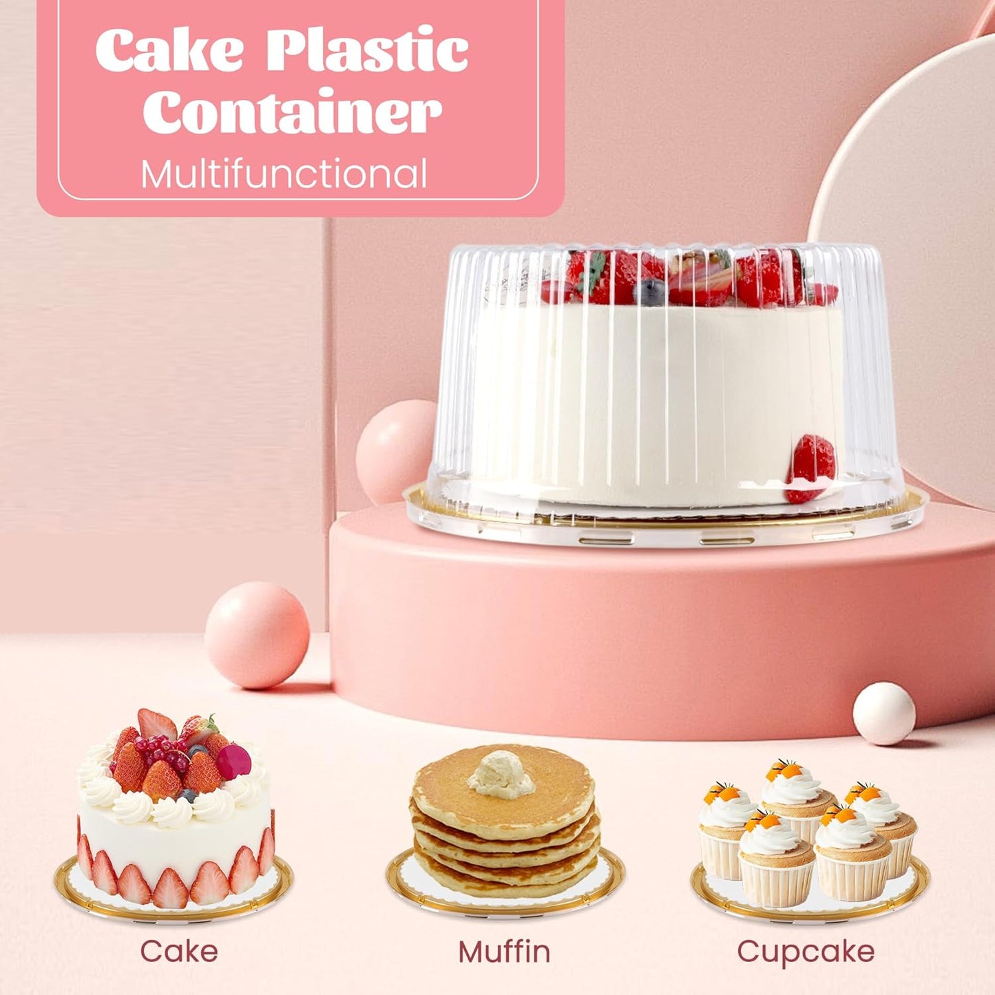 NPLUX 10 Inch Plastic Cake Carriers Gold Cake Containers with Lid and White Cake Boards, Clear Cupcake Holder for 1-2 Layer Cheesecake, Bundt Cake Pie Bakery Supplies(5 Pack)