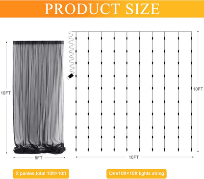 Fomcet Tulle Backdrop Curtains with Lights String White 10FT X 8FT Sheer Curtain with Lights Tulle Curtains Backdrop for Wedding Birthday Party Baby Shower Photo Shoot (2 Panels 5x8FT)