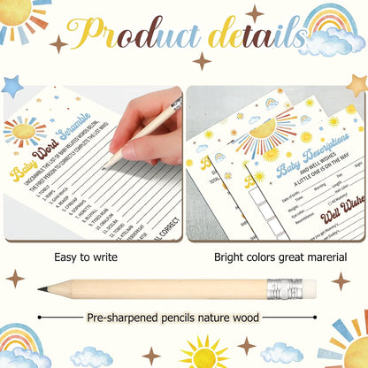 Yinder 145 Pcs Baby Shower Games Activities Cards with 20 Pencils Includes Baby Bingo Description and Wishes Guess Who Price is Right Word Scramble Game(Here Comes the Son)