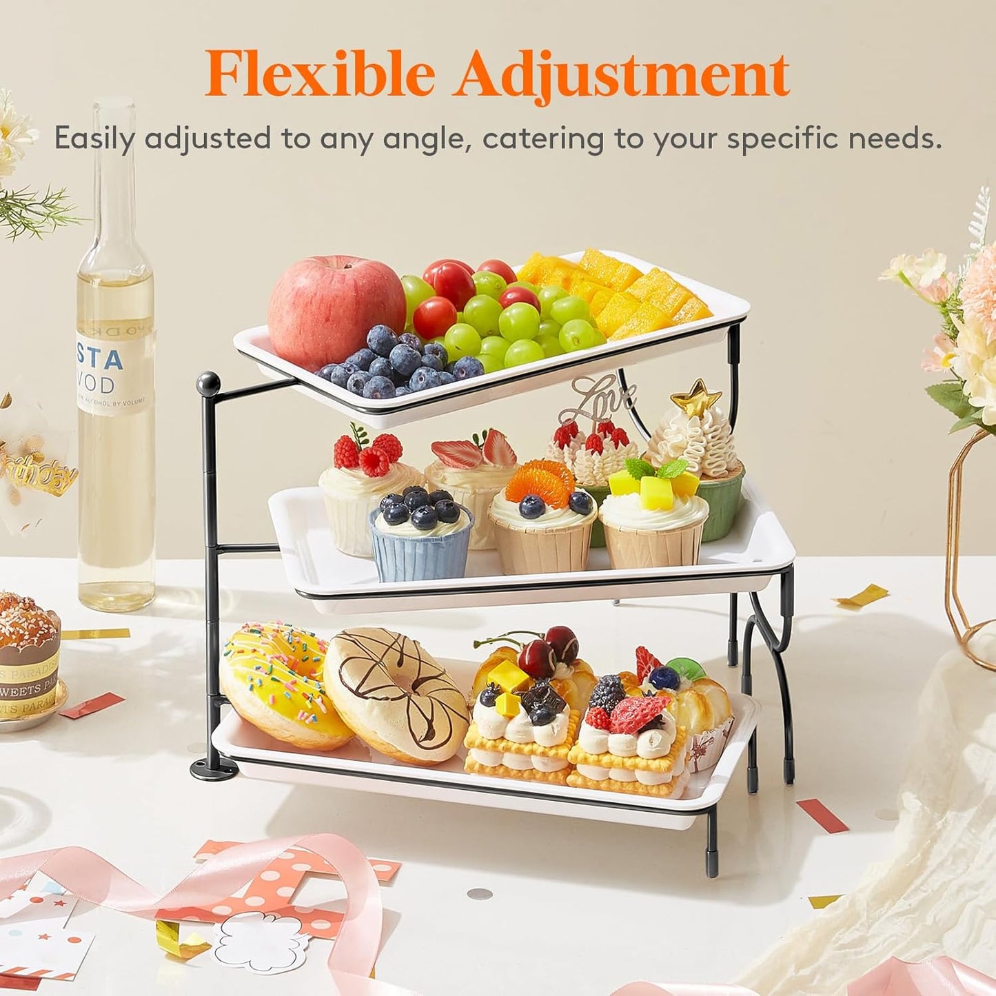Lifewit 3 Tier Serving Tray, 30 x 17 cm/12 x 6.5" White Plastic Tiered Food Serving Platters, Tiered Tray Stand for Party with Black Collapsible Metal Stand, Dessert Display Stand for Cookies/Crackers