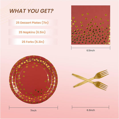 75PCS Paper Plates and Napkins Set - White and Gold Dot Disposable Party Dinnerware Includes Paper Plates, Napkins, Forks Decorations for 2026 New Year, Birthday, Wedding and Holiday, Serves 25
