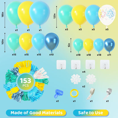 Amandir 153pcs Purple Blue Pink Balloon Garland Arch Kit, Different Sizes 18 12 10 5 inch Teal Yellow Latex Metallic Confetti Balloons for Magic Birthday Engagement Party Decoration