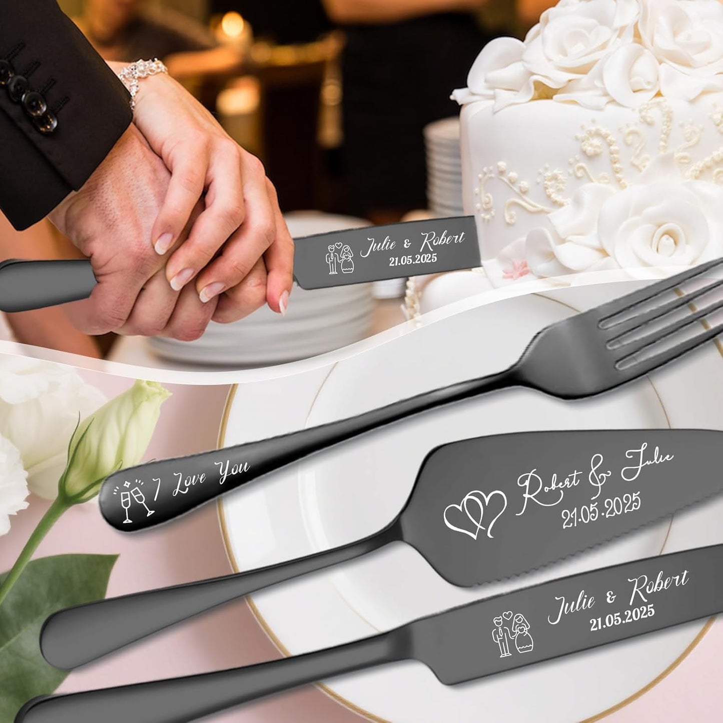 Personalized Cake Cutter Custom Wedding Cake Knife and Server Set Stainless Steel Cake Cutting Set Customize Gifts for Wedding Birthday (Black)