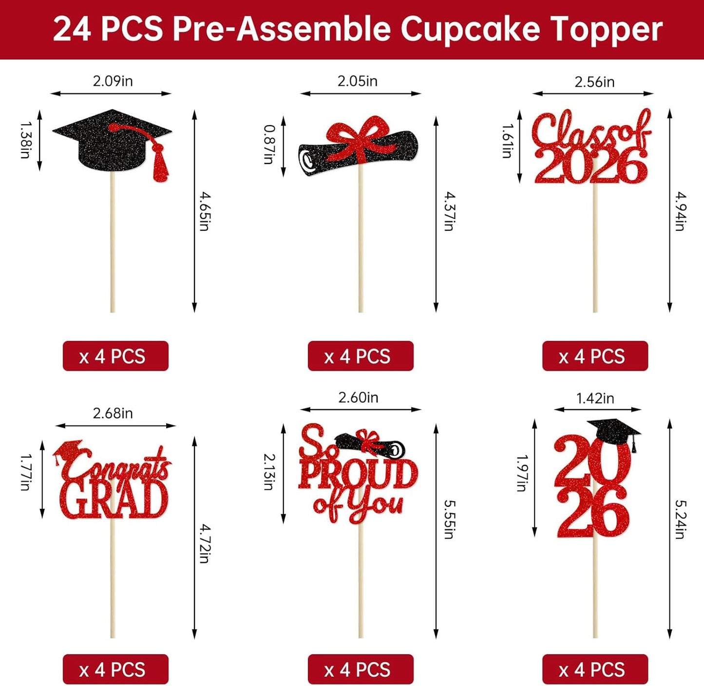 24 Pcs Graduation Cupcake Toppers 2026 - Congrats Grad Decorations Class of 2026, Pre-Assembled Black Gold Grad Cake Topper Centerpieces for Graduation Party Decoration Supplies Table Decor, 6 Styles